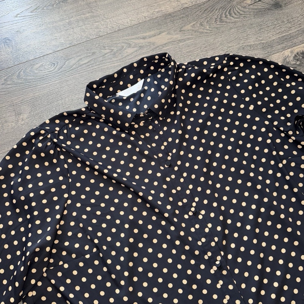 Laura Conrad Womens Blouse Button Down Polka Dot Black Collared Office Career 1X